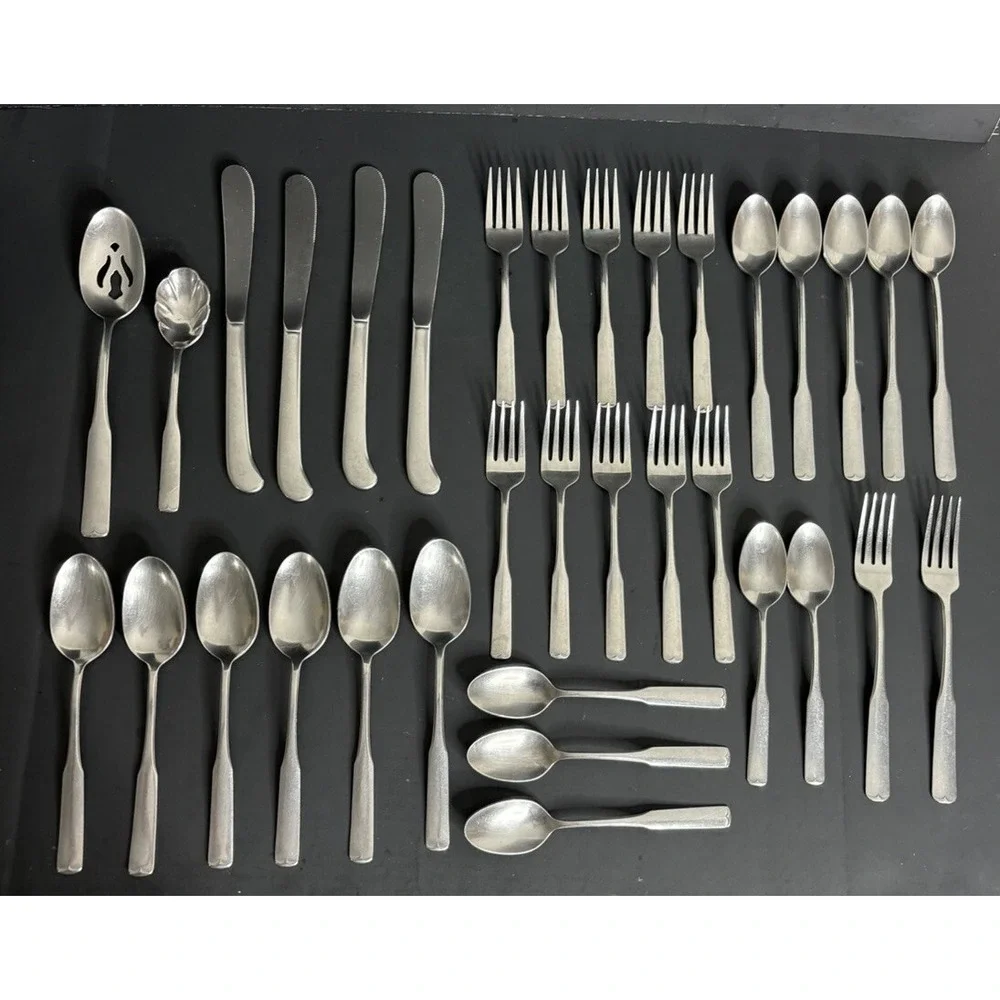 34 International Colonial Scroll Pieces Stainless Mark II Forks Knives Spoons